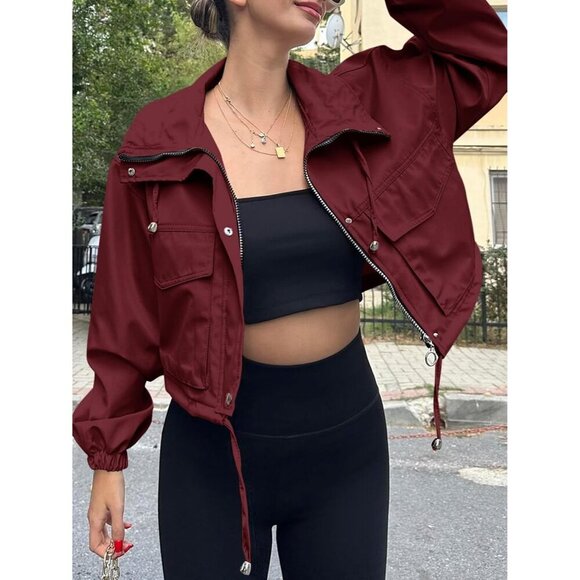 Womens Wine Red Tankaneo Cropped Jacket Zip Up Oversized Utility Anorak Coat - Picture 3 of 4